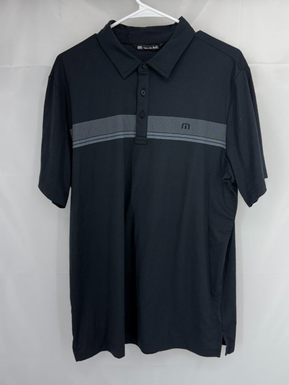 Travis Mathew Men L Glenview Polo Shirt Short Sleeve Golf Black Gray Stripe LOGO